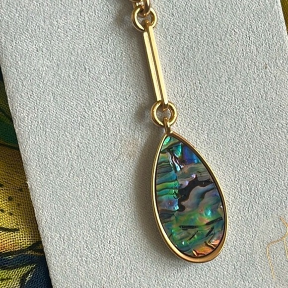 Brand New Lucky Brand Abalone Teardrop Pendant Long Necklace Gold Tone Vintage - Picture 6 of 14